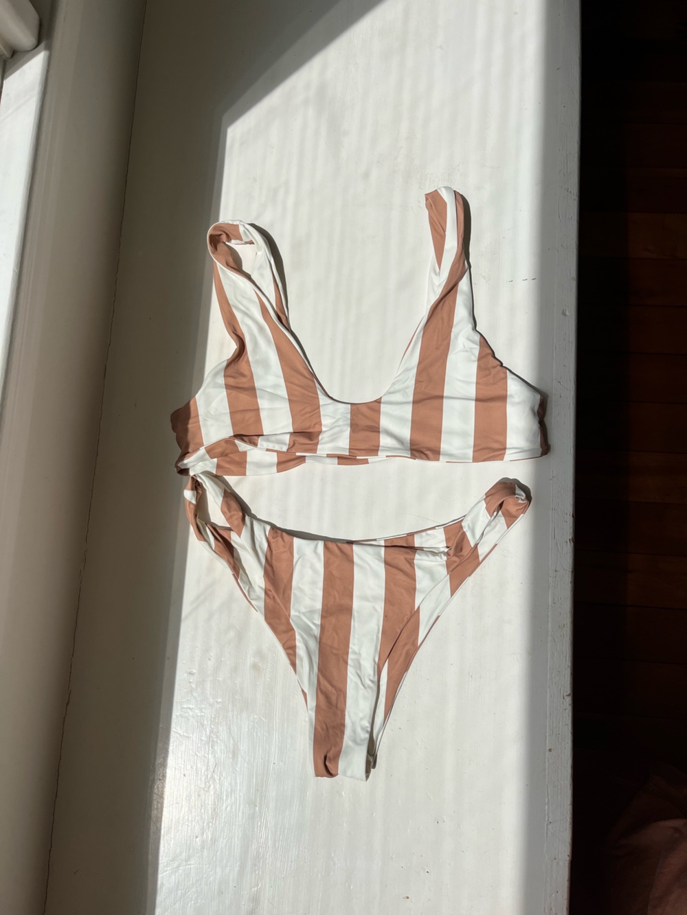 Toast // Free People Striped White and Tan Bikini Set